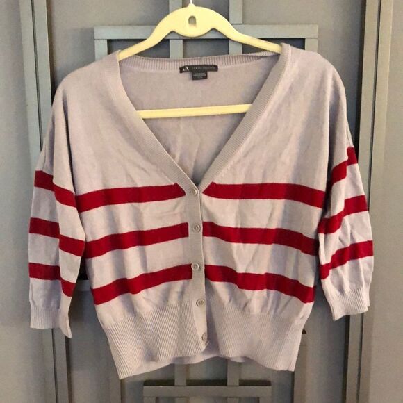 Armani Exchange gray and red stripedV-neck cardigan cropped sweater.xs - Picture 1 of 4